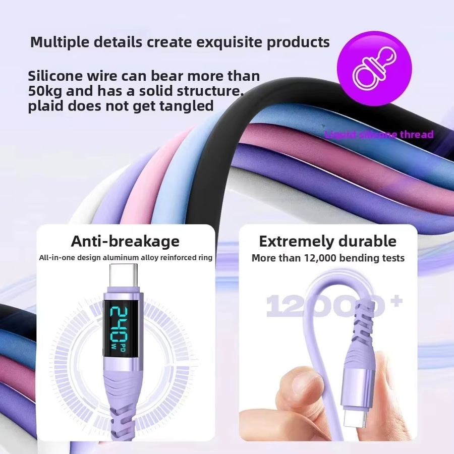 VBNM Silikon USB-C zu Typ-C Schnellladekabel mit Digital-Display, 240W, Weiß - Bild 5