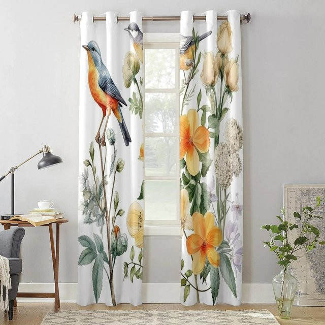 Verdunkelungsvorhang mit Blumen, Vögeln und Blättern im Aquarell-Design, Mehrfarbig, Breite: 55 cm, Höhe: 185 cm - Bild 1