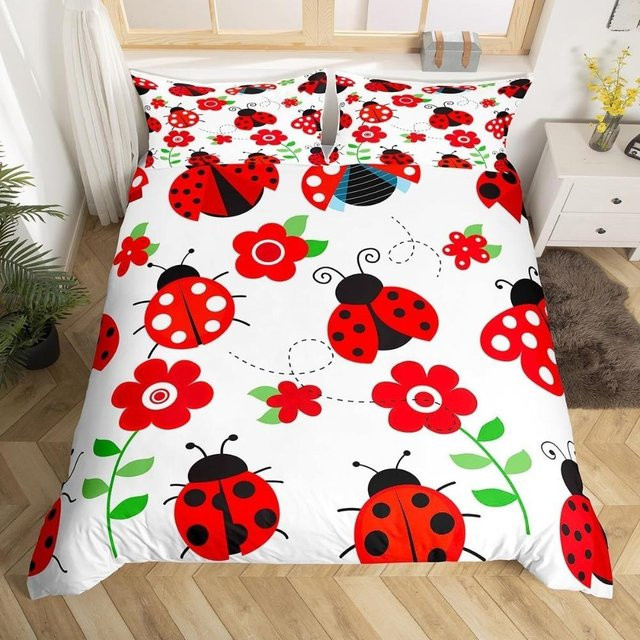 Bettwäscheset Marienkäfer mit Blumenmuster von Binchi Fitness in Rot und Weiß, Mikrofaser, bestehend aus einem Bettbezug mit Reißverschluss und 2 Kissenbezügen, B/H: 200 x 200 cm - Bild 1