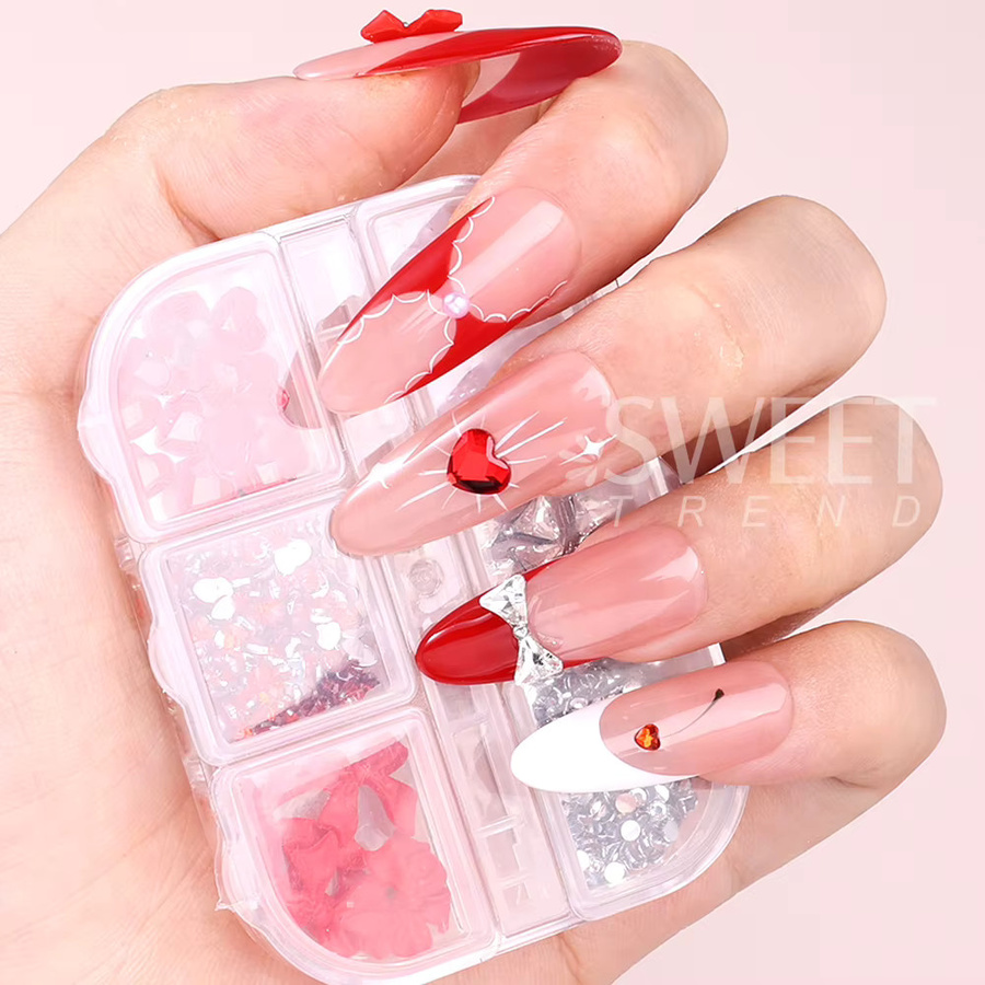 SWEET TREND Nagelkunst-Charms, Rote Schleife, 3D Herzförmige Strasssteine, Glänzend - Bild 2