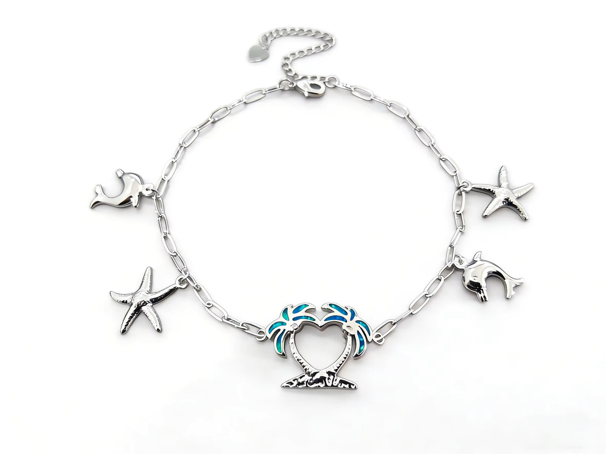 Fußkettchen Silber, Seestern-Delfin-Charm, blauer Palmen-Herz-Anhänger, Damen - Bild 2