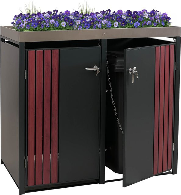 MCW 2er-Mülltonnenverkleidung O67 mit Pflanzkasten aus Metall in Anthrazit Holzoptik Dunkel, B/T/H: 125 x 132 x 84 cm - Bild 1