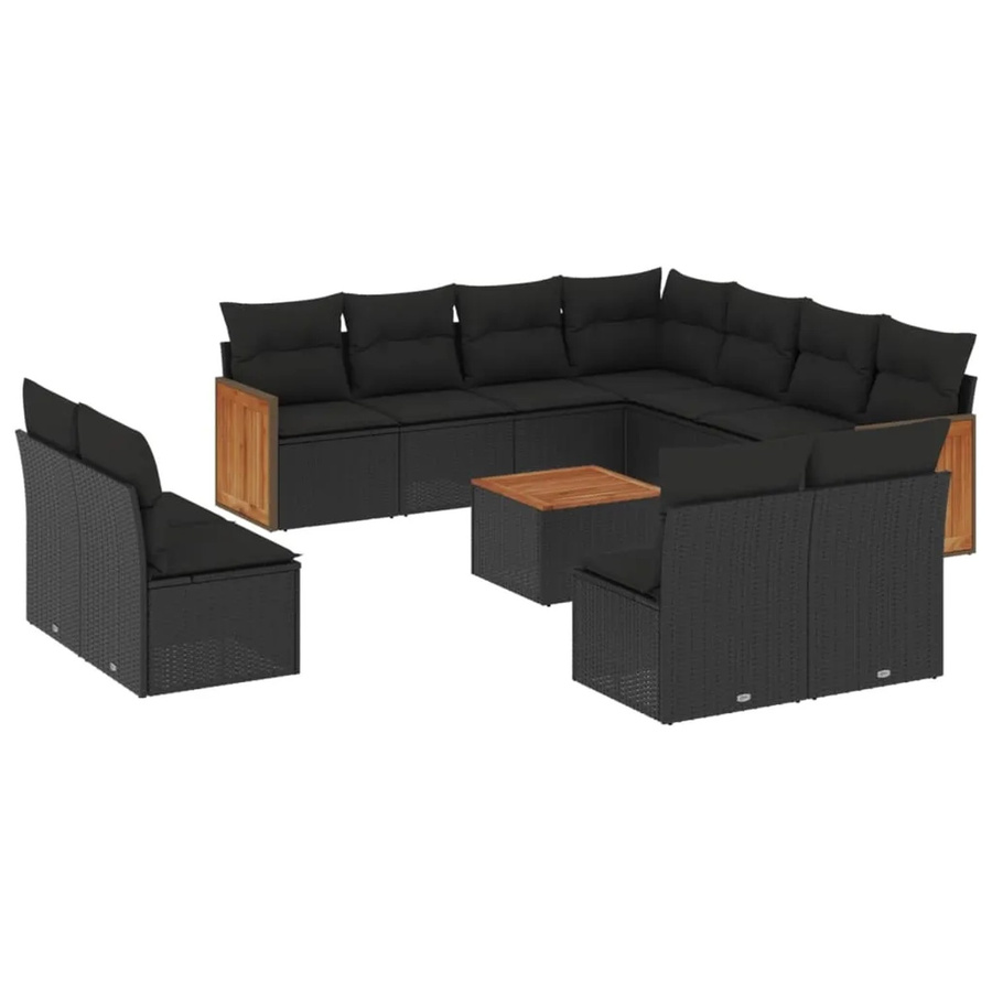 vidaXL 12-tlg. Garten-Sofagarnitur in L-Form aus Poly-Rattan und Akazienholz mit Kissen, Schwarz - Bild 2