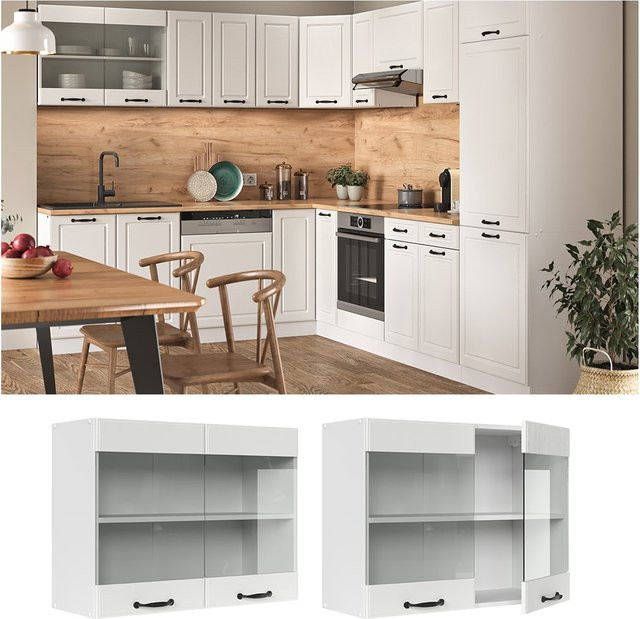 Vicco R-Line Hängeglasschrank in Weiß mit Glastüren im Landhausstil, Breite: 80 cm, Höhe: 60 cm, Tiefe: 31 cm - Bild 1