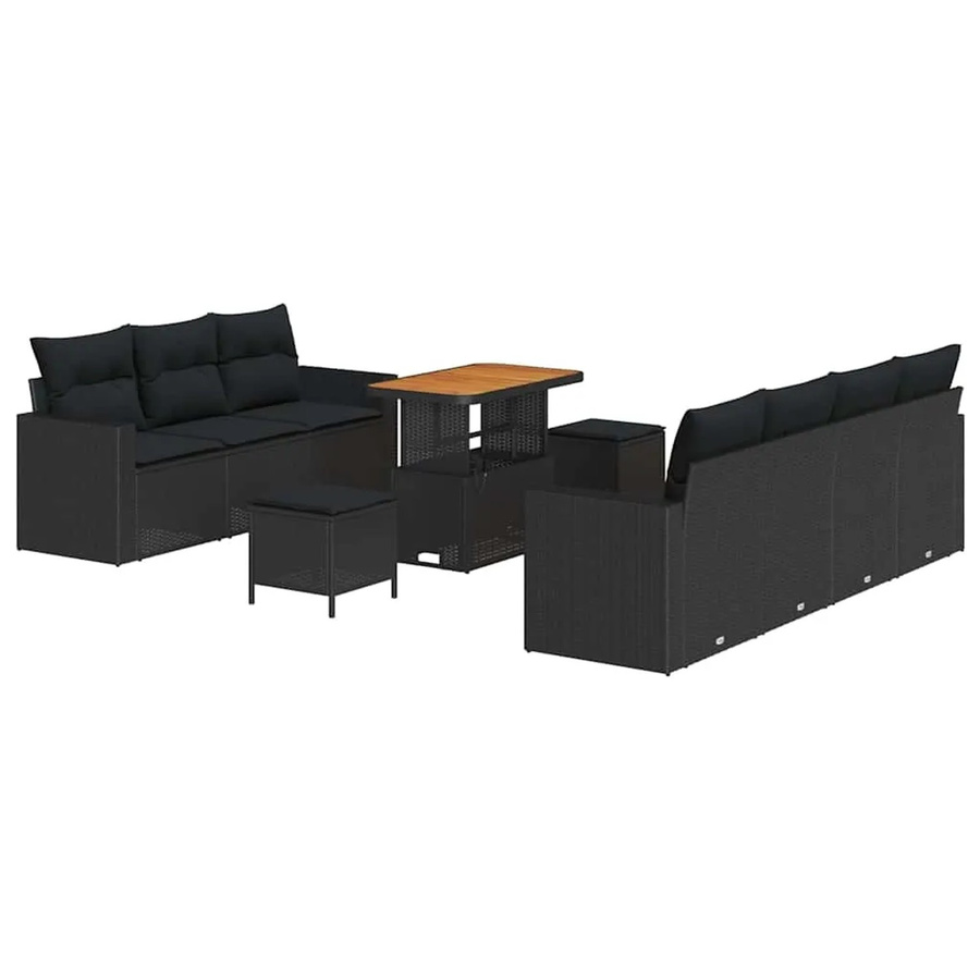 vidaXL Garten-Sofa-Set 10-teilig aus Poly Rattan und Akazienholz in Schwarz mit Tisch und Kissen - Bild 2