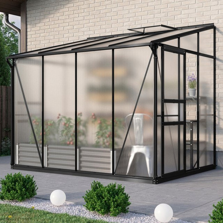 Vitavia Anlehn-Gewächshaus Osiris 5200 in Schwarz mit 5,2 m² Fläche, Aluminiumrahmen und 6 mm Polycarbonat-Platten inklusive Dachfenster und Doppelschiebetür