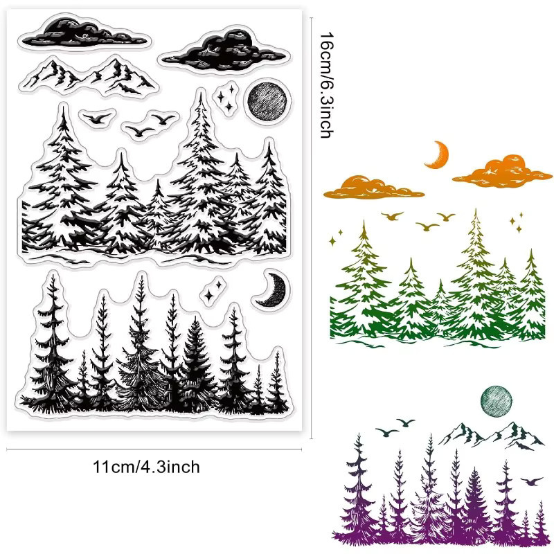 Waldklare Silikonstempel für Scrapbooking mit Wald, Sonne, Mond, Wolken und Bäumen, transparent, B: 10,9 cm, H: 16,0 cm, T: 0,3 cm - Bild 2