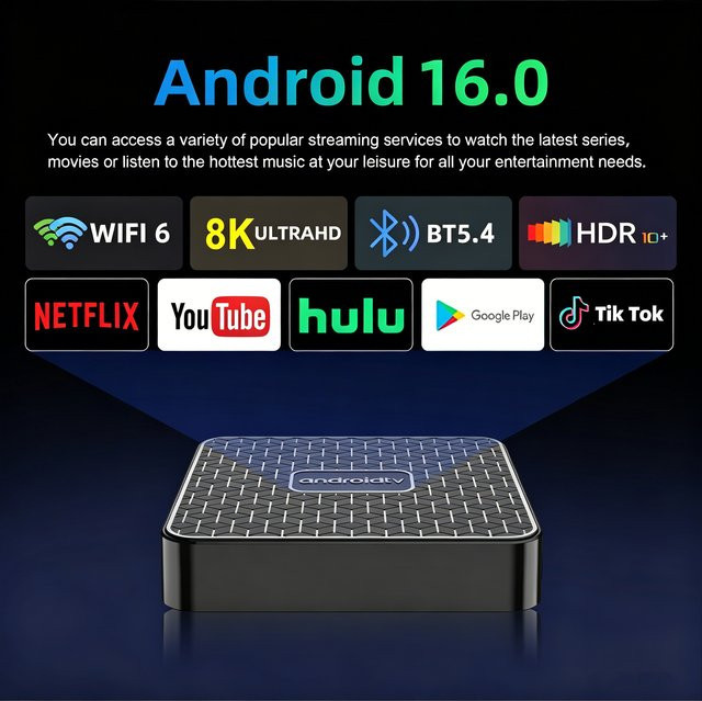 Android 16 Set-Top-Box mit WLAN 6, 8K HDR10+ Media Player und Google Sprachfernbedienung, Schwarz - Bild 1