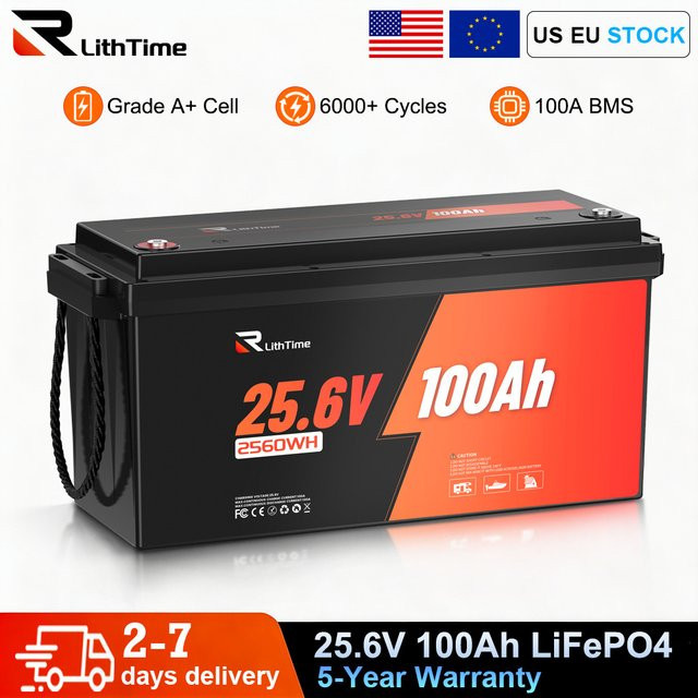 RVLithTime 24V 100Ah LiFePO4 Batterie mit 100A BMS, 25,6V 2560Wh Lithium-Batterie in Schwarz, IP65 wasserdicht für Wohnmobile, Marine, Camper und Heimspeicher - Bild 1