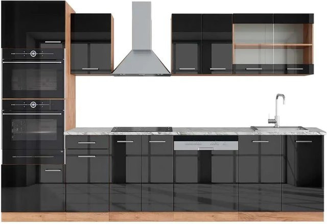 Vicco R-Line Küchenzeile Anthrazit Hochglanz und Goldkraft Eiche mit Hochschrank und Marmor-Arbeitsplatte Breite: 300 cm - Bild 1