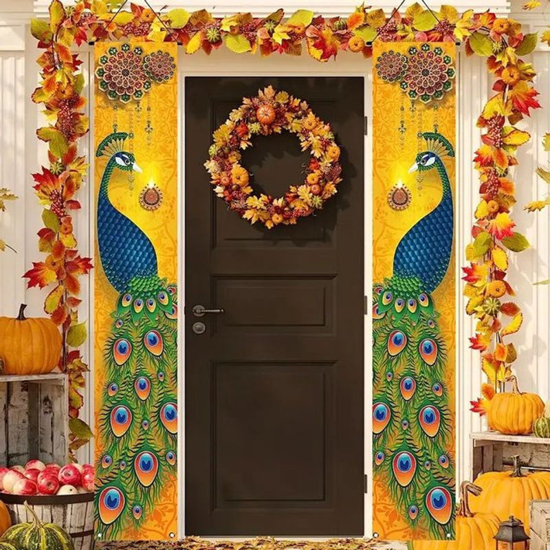 VIKAMA 2er Set Lantern Festival Gateway Banner mit Pfau-Motiv, orientalische Willkommensschilder zur Partydekoration, mehrfarbig und weiß, H: 180 cm, B: 30 cm, T: 30 cm - Bild 1
