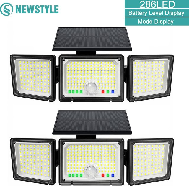 286 LED Solar-Bewegungssensor-Sicherheitsleuchte mit 3 Köpfen, Wasserdichter Solar-Flutlicht in Schwarz für Garten und Garage, Cool White - Bild 1
