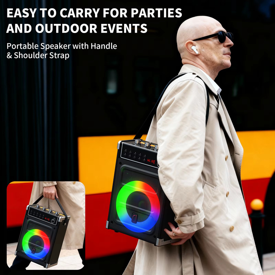 JYX 69 Karaoke-Maschine in Schwarz mit 2 UHF Drahtlosen Mikrofonen, Bluetooth-Lautsprecher mit Bass-, Höhen- und Echo-Einstellung sowie LED-Licht - Bild 6