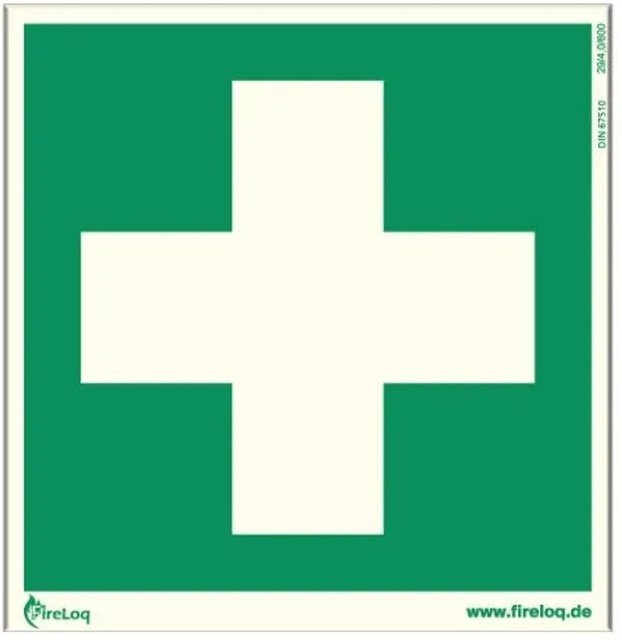 FireLoq Erste Hilfe Symbol Selbstklebend Nachleuchtend aus Kunststoff, Grün/Weiß, Durchmesser: 15 cm - Bild 1