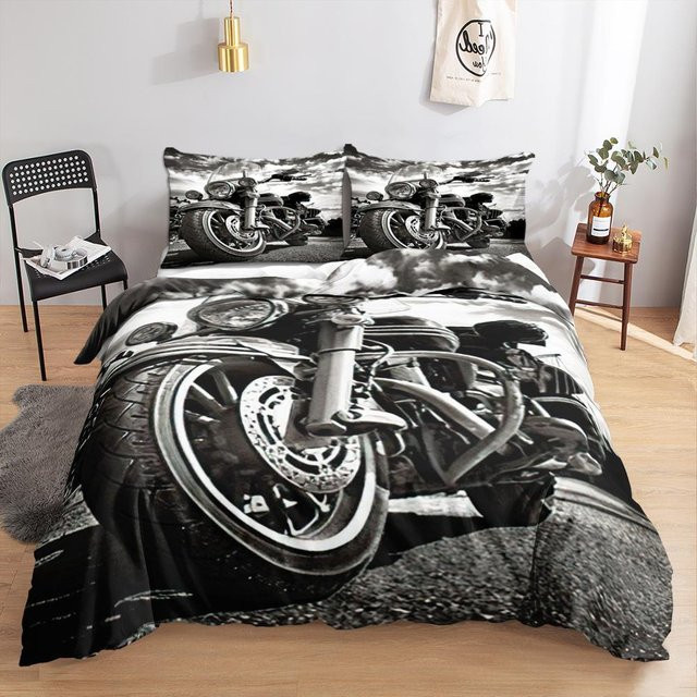 Your Warm Home 3D-Bettbezug-Set mit Motorrad-Motiv aus Polyester, Farbe: Schwarz, Set bestehend aus Bettbezug und Kissenbezügen - Bild 1