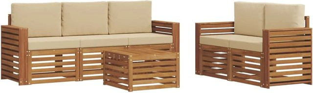 vidaXL Sofagarnitur 6-teilig aus Massivholz Akazie in Natur und Beige mit Tisch und Polsterkissen im modernen Latten-Design - Bild 1