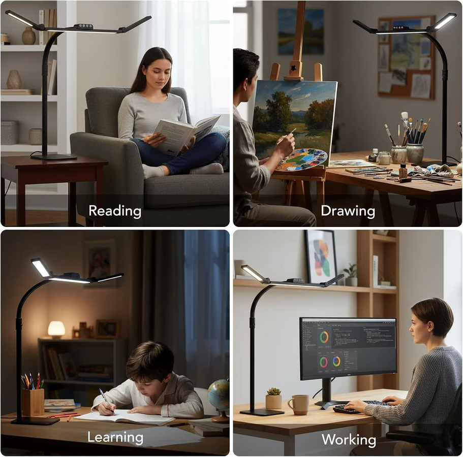 Dimmbare LED-Schreibtischlampe von aiopp in Schwarz mit 360 Grad flexiblem Schwanenhals und verstellbarem Schwenkarm für Home Office und zum Lesen - Bild 6