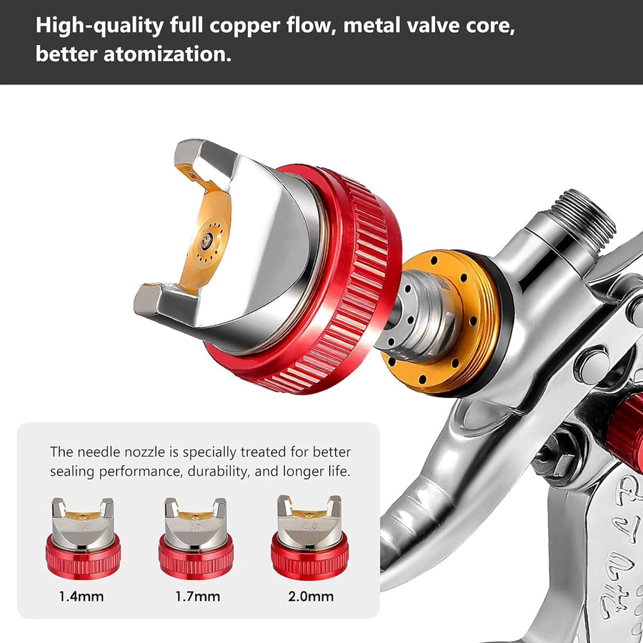 HVLP Schwerkraft-Farbspritzpistole für Lackierungen mit Düsen in 1,4 mm, 1,7 mm und 2,0 mm für Auto und Möbel in Rot oder Silber - Bild 2