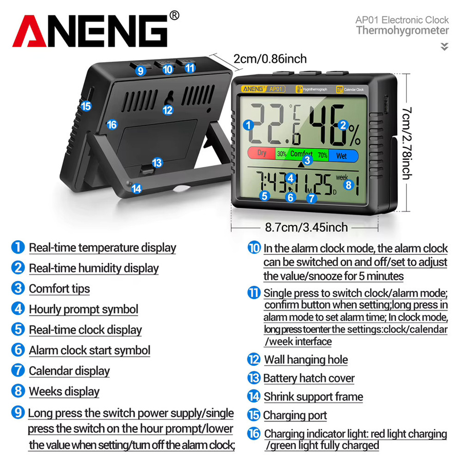 ANENG AP01 Digitales Thermohygrometer mit hochauflösendem Bildschirm und wiederaufladbarem Akku, Multifunktions-Luftthermometer in Schwarz oder Weiß - Bild 5