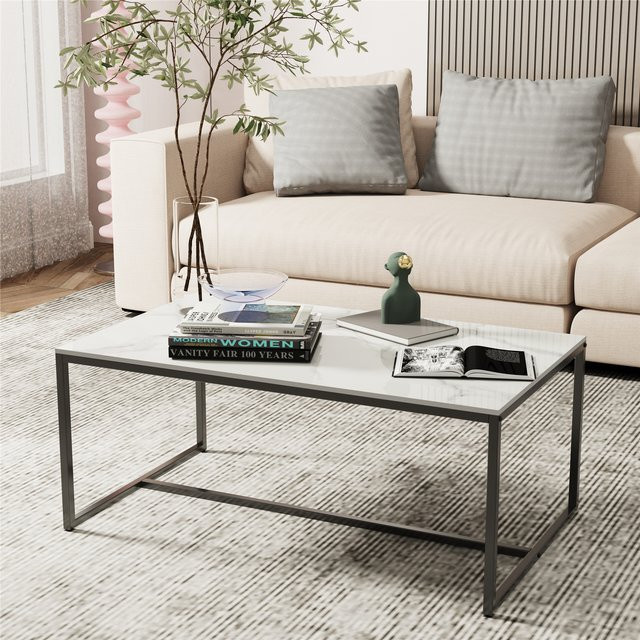 Wisfor Couchtisch aus Sinterstein in Grau mit schwarzem Metallrahmen, rechteckiger Beistelltisch für dein Wohnzimmer - Bild 1
