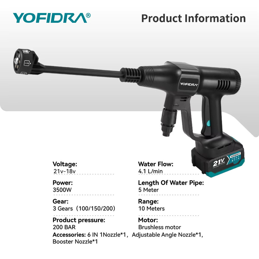 YOFIDRA Bürstenlose Hochdruckreiniger Spritzpistole 200 Bar 6 in 1 mit Wasserpistole in Schwarz, passend für Makita 18V LXT Akkus - Bild 2