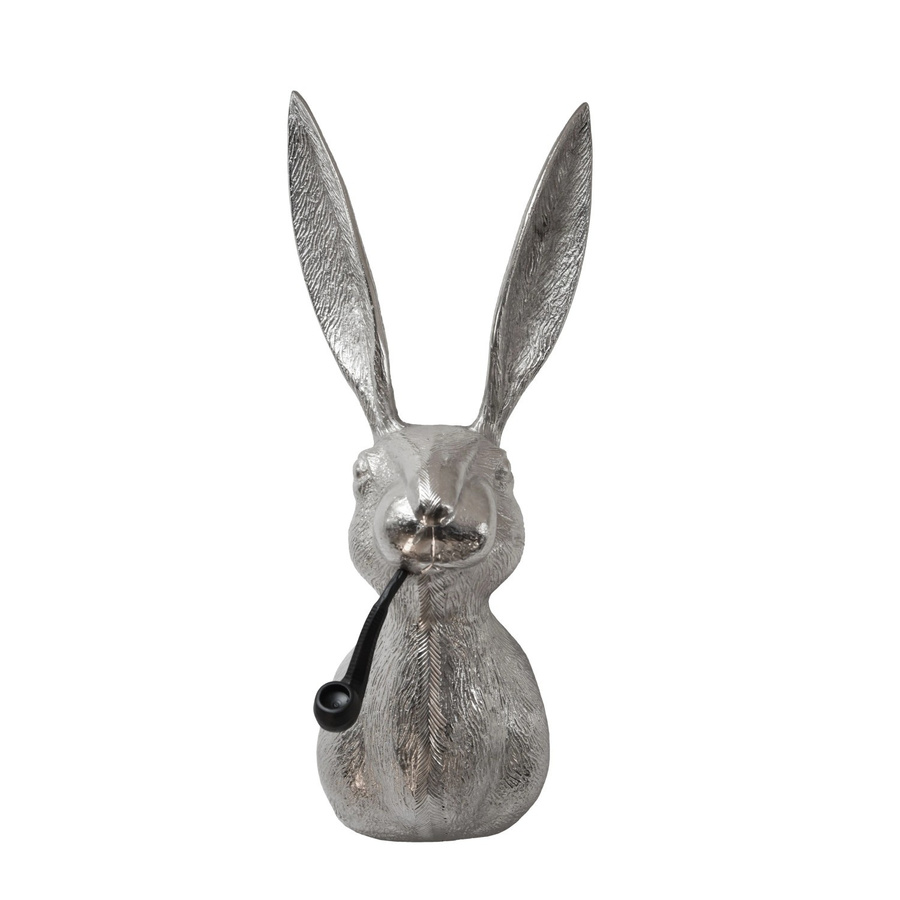 DELUKE Deko-Hasenkopf HEPO mit Pfeife aus Aluminium in Silber, Höhe: 68 cm, Breite: 27 cm, Tiefe: 27 cm - Bild 2