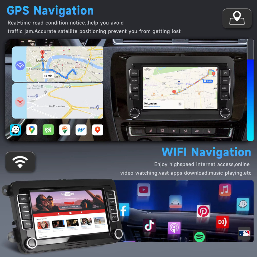 MOPECT Android 15 Autoradio mit 4G und 64G Speicher für VW, Seat und Skoda, inklusive GPS, Carplay und Bluetooth, Schwarz - Bild 2