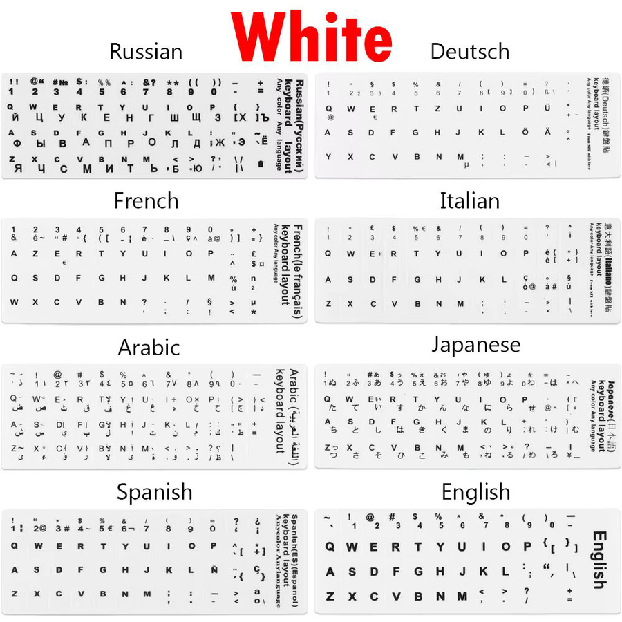 Rutschfeste Tastaturaufkleber für Laptop mit deutsch-arabischem-russischem Alphabet und spanischem Layout in Schwarz - Bild 2
