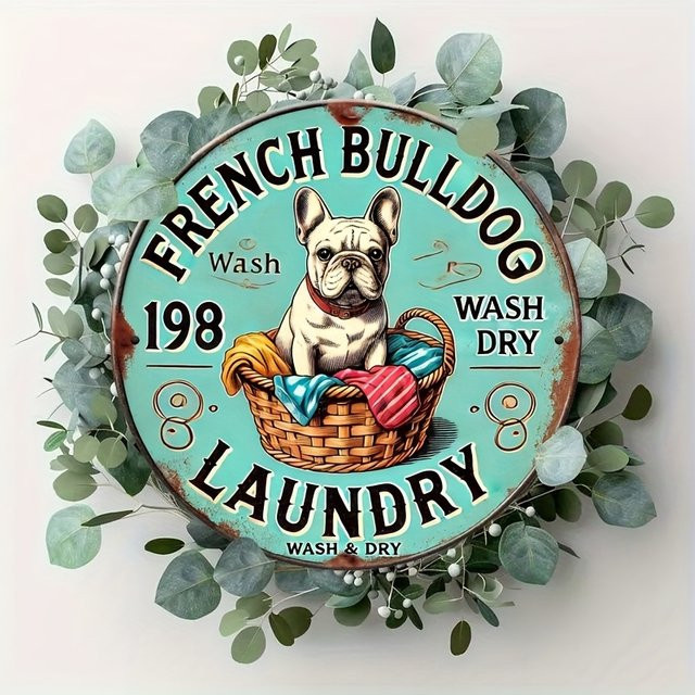 Potdemiel Vintage Wandkunstschild aus Metall mit Französischer Bulldogge und Eukalyptus, Türkis, Rund, B: 20 cm, H: 20 cm, T: 1 cm - Bild 1
