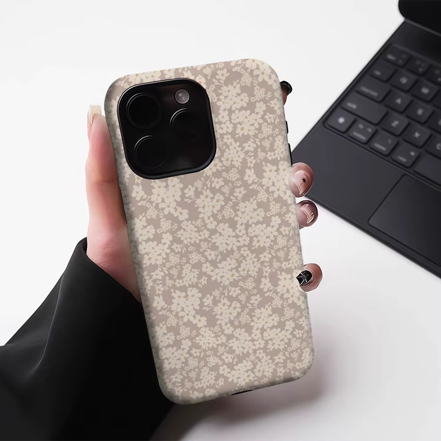 Potdemiel Magnetische Handyhülle mit Blumenmuster in Braun-Weiß für iPhone 17 16 15 14 13 Pro Max Plus, robuste Doppel-Schicht-Schutzhülle - Bild 3