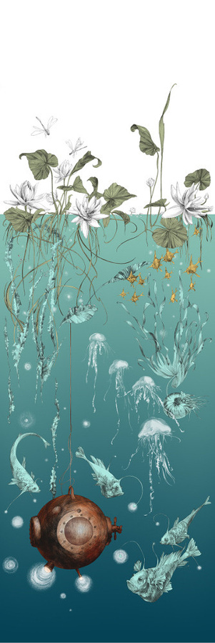 Edmond Petit Tapete Nautilus Méduses Nénuphars in Turquoise mit maritimen und floralen Motiven - Bild 1