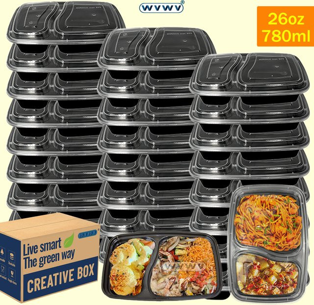 WVWV Lunchboxen mit zwei Fächern, 26 oz, Schwarz, stapelbar und mikrowellengeeignet, 10er-Pack oder 40er-Pack - Bild 1