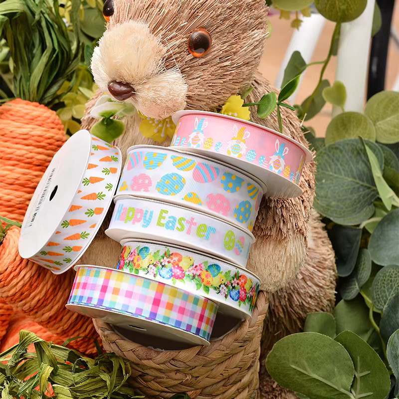 YAMA Osterband mit Kaninchen und Karotten für Geschenkverpackungen und Bastelarbeiten, 10 Yards, Mehrfarbig - Bild 2