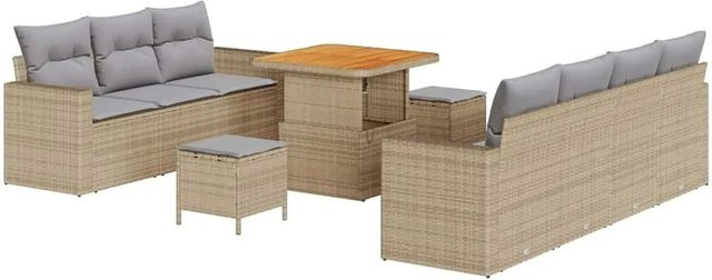vidaXL Garten-Sofa-Set aus Poly-Rattan in Beige und Grau, 10-teiliges Lounge-Set mit Kissen, Tisch, Hockern und Stauraumfunktion - Bild 1