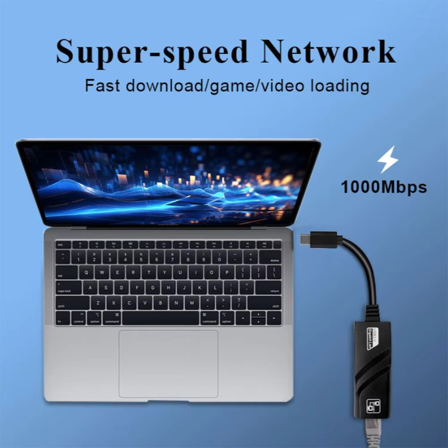 Kebidumei USB-C auf RJ45 LAN Ethernet-Adapter, 10/100/1000 Mbit/s USB 3.0 Netzwerkkarte für PC, MacBook und Windows Laptop, Schwarz - Bild 2
