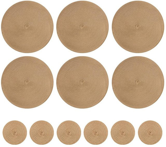 YTO Home 1 Set aus 6 runden geflochtenen Tischsets und Untersetzern, beige, rutschfest und hitzebeständig - Bild 1