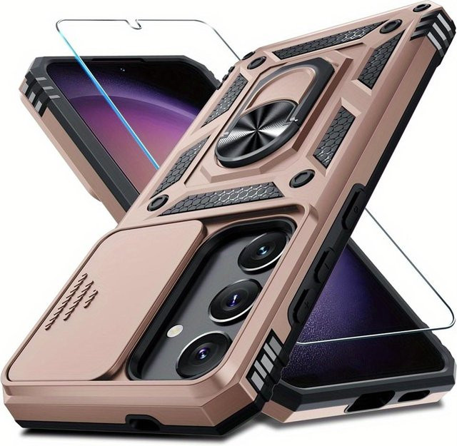 Schutzhülle für Samsung Galaxy S25 S24 Ultra S23 Plus S22 S21 S20 FE 5G mit Displayschutz aus gehärtetem Glas, Ring-Kickstand und Schiebekameraabdeckung in Rosa - Bild 1