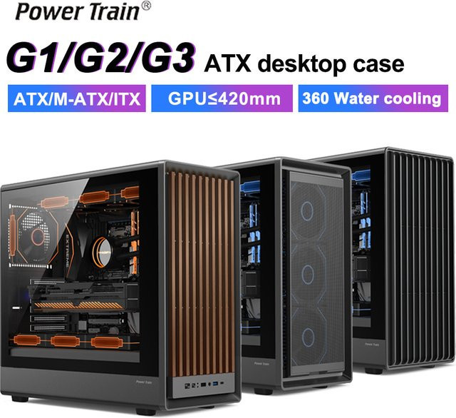 Power Train G1 G2 G3 Mesh Side Transparentes Desktop-Computergehäuse in Schwarz mit Unterstützung für ATX, MATX und ITX Motherboards sowie 360-Wasserkühlung - Bild 1