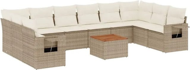 vidaXL 11-teilige Garten-Sofagarnitur mit Kissen aus Poly-Rattan und Akazienholz in Beige und Cremeweiß - Bild 1
