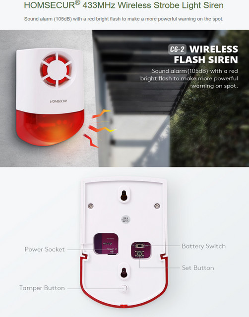 HOMSECUR C6-2 Kabellose Außensirene mit Blitzlicht und Notfallbatterie in Weiß für 4G WiFi Haussicherheitssysteme - Bild 1