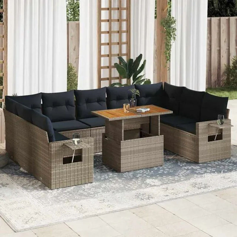 10-teilige moderne Garten-Sofagarnitur mit Kissen aus grauem Poly-Rattan von vidaxl - Bild 1
