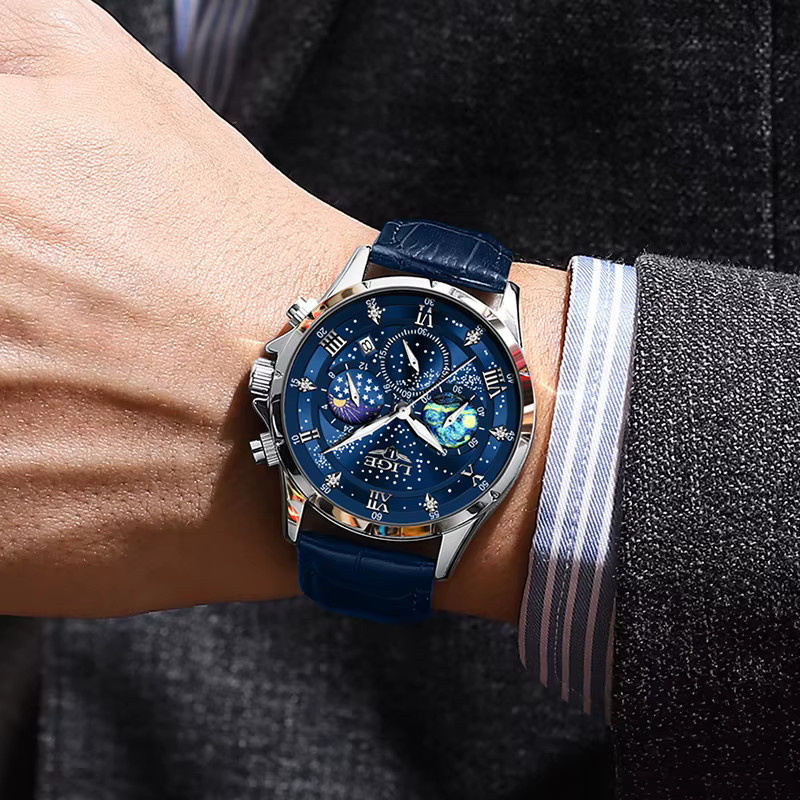 LIGE Armbanduhr Chronograph, Quarz, Blau, Leder, Herren - Bild 3