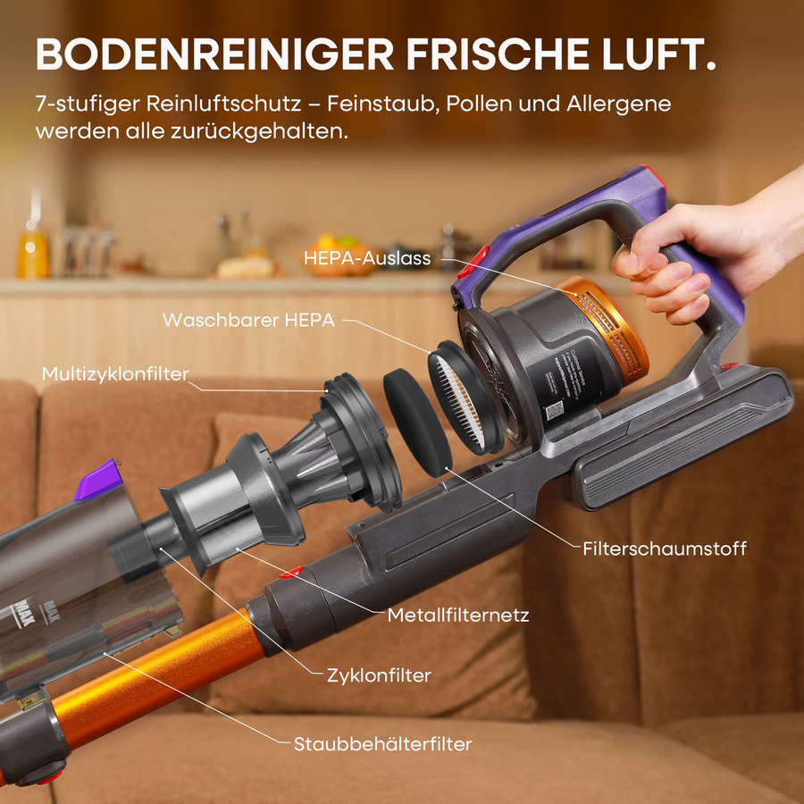erabros EV7 Kabelloser Handstaubsauger mit 70KPa Saugkraft, 550W, 70 Minuten Laufzeit, 1.5L Staubbecher, Aromafunktion, Anti-Tangle-Bürste und Ladestation, Multicolour - Bild 5