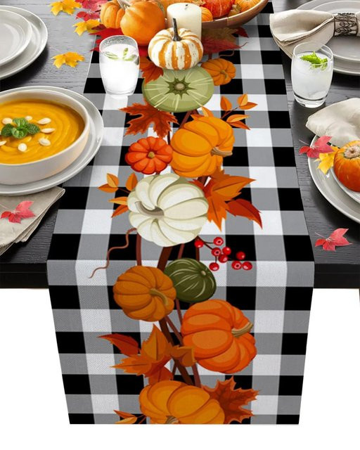 JMG Household Supplies Tischläufer Herbst Kürbis Ahornblatt Buffalo Plaid in Orange, B/L: 150 x 33 cm - Bild 1