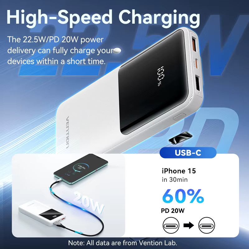 Vention Powerbank 10000mAh mit integriertem Kabel und 22,5W Schnellladefunktion für iPhone, Tragbares Ladegerät in Schwarz oder Weiß - Bild 3