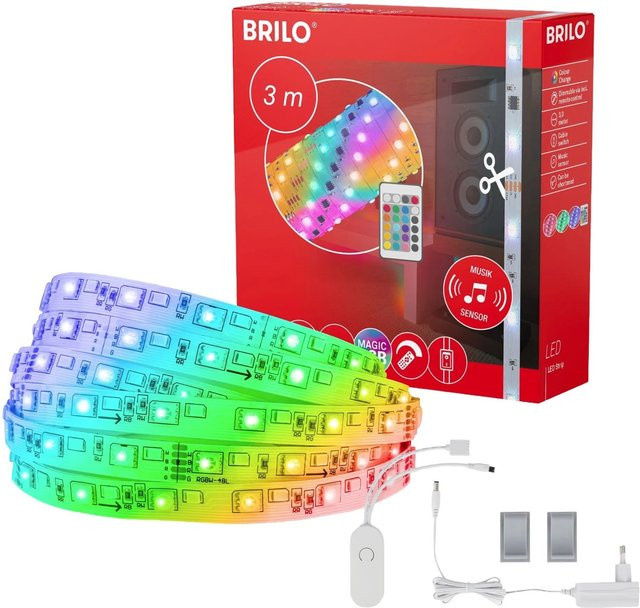 Brilo RGBIC LED-Strip mit Musiksensor und Fernbedienung, dynamischer Farbwechsel in Multicolour und Weiß, 3 m Länge - Bild 1
