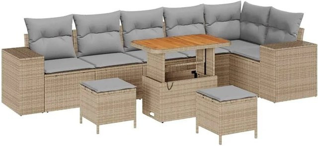 vidaXL Garten-Sofa-Set 9-tlg. aus Poly Rattan und Akazie mit Kissen in Beige und Hellgrau - Bild 1