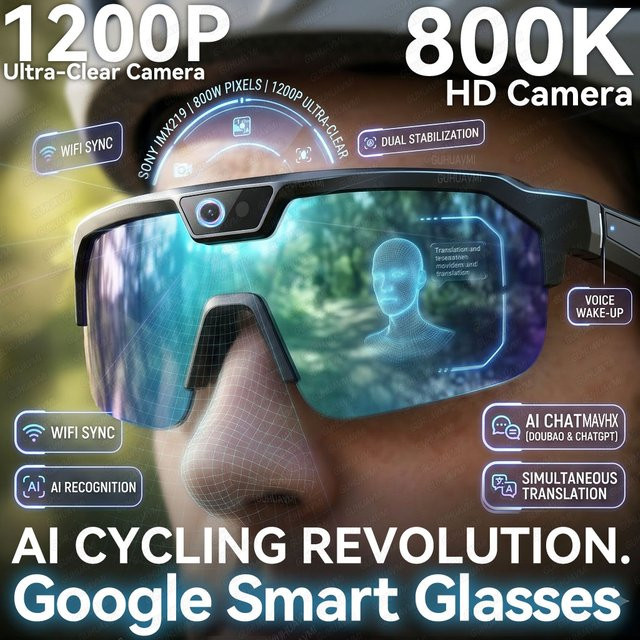 GUHUAVMI Smart Glasses KI-intelligente Brille für Outdoor-Radfahren mit 800W-Kamera und hochauflösender Anti-Shake-Aufnahmefunktion in Schwarz - Bild 1