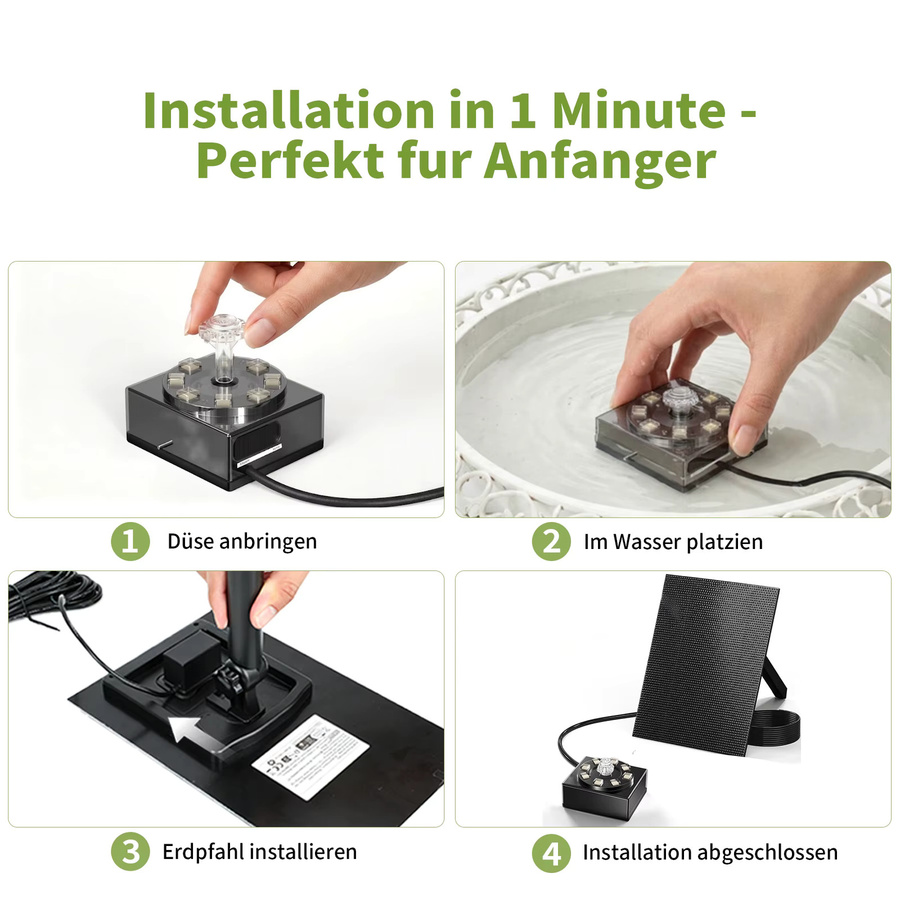Forever Speed Solarbrunnen für den Außenbereich mit Akku und LED in Schwarz, Solar Springbrunnen für Garten, Teich und Vogelbad mit 8W und 100L/H Wassersprühhöhe - Bild 8