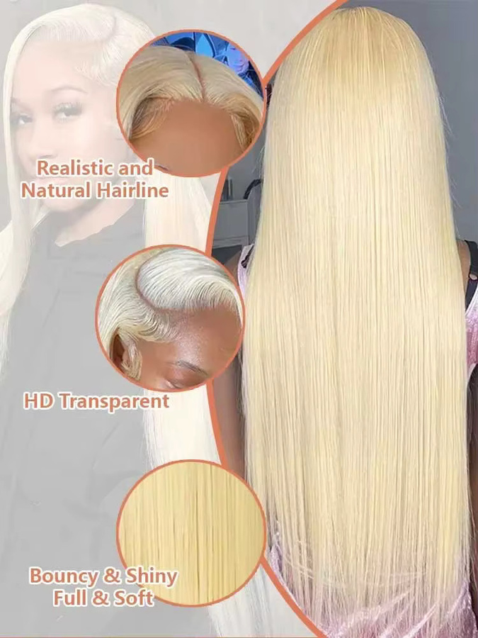 613 Blonde Gerade Echthaar Perücke, HD Spitze, Remy Honig Blonde - Bild 4